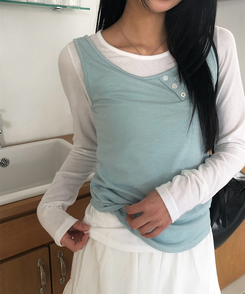 【SET】ボタンキャミソール＋レイヤードTシャツ MINT