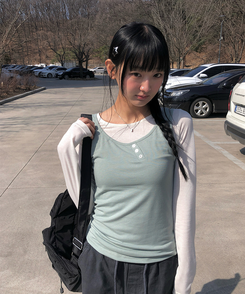 【SET】ボタンキャミソール＋レイヤードTシャツ GREEN