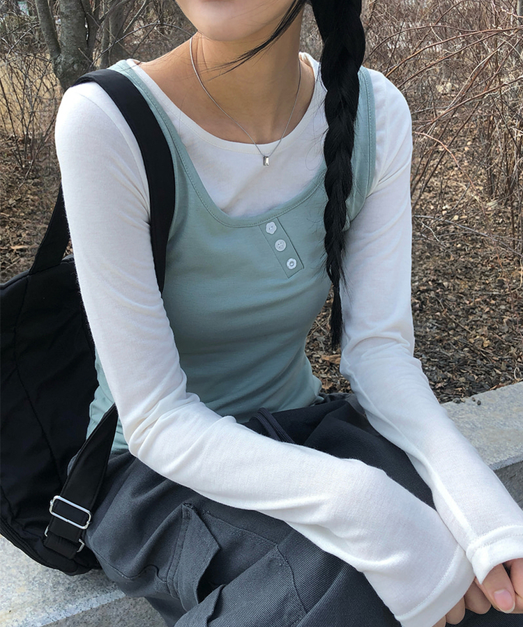 【SET】ボタンキャミソール＋レイヤードTシャツ GREEN