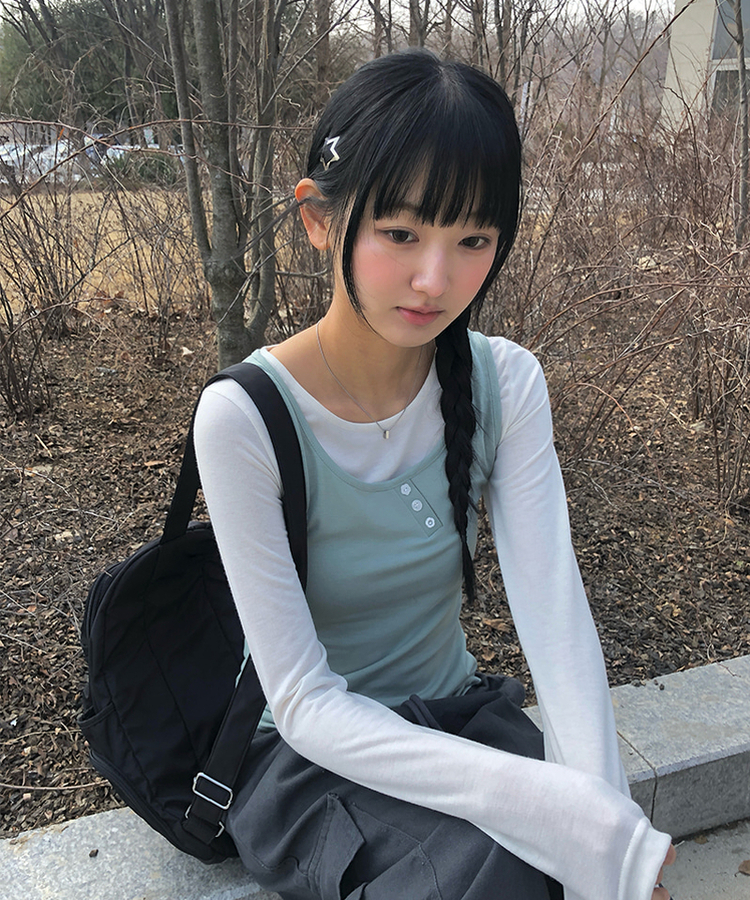 【SET】ボタンキャミソール＋レイヤードTシャツ GREEN