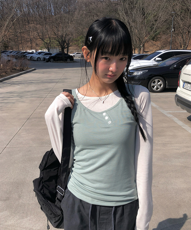 【SET】ボタンキャミソール＋レイヤードTシャツ GREEN