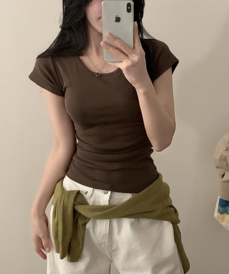 Made 스쿱 베이직 기본 유넥 반팔티셔츠 9color 브라운