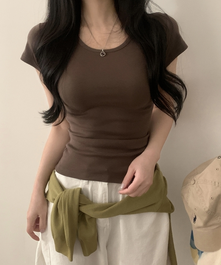 Made 스쿱 베이직 기본 유넥 반팔티셔츠 9color 브라운