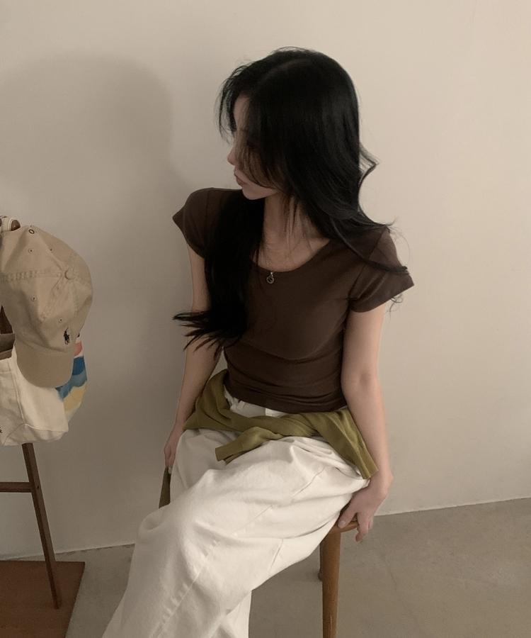 Made 스쿱 베이직 기본 유넥 반팔티셔츠 9color 브라운