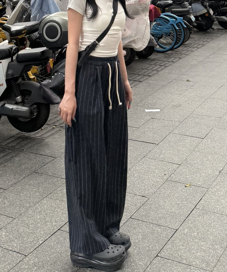 ピンストライプドロストワイドパンツ NAVY