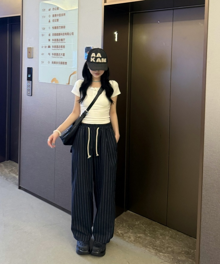 ピンストライプドロストワイドパンツ NAVY