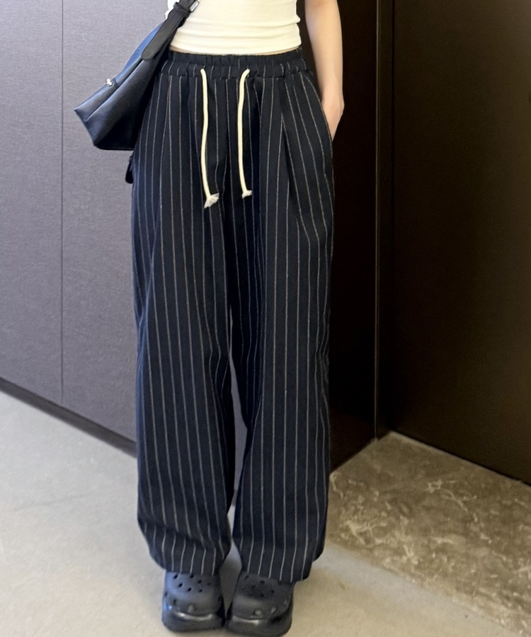 ピンストライプドロストワイドパンツ NAVY