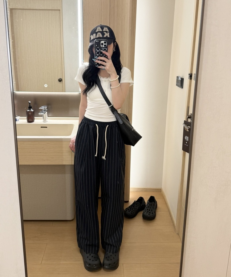 ピンストライプドロストワイドパンツ NAVY