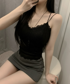 【カップ付き】ツインストラップレースキャミソール BLACK