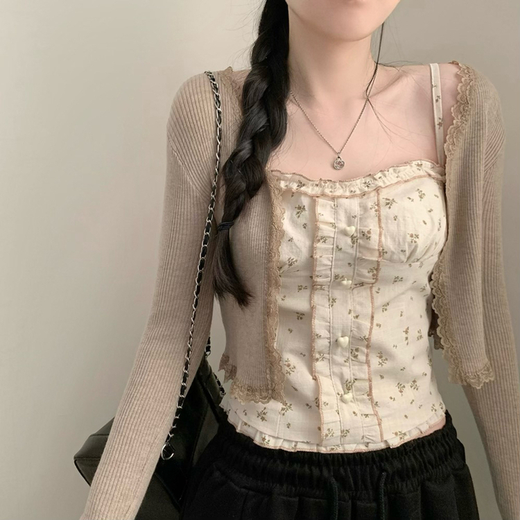 【SET】小花柄ハートボタンフリルキャミソール レースカーディガン BEIGE