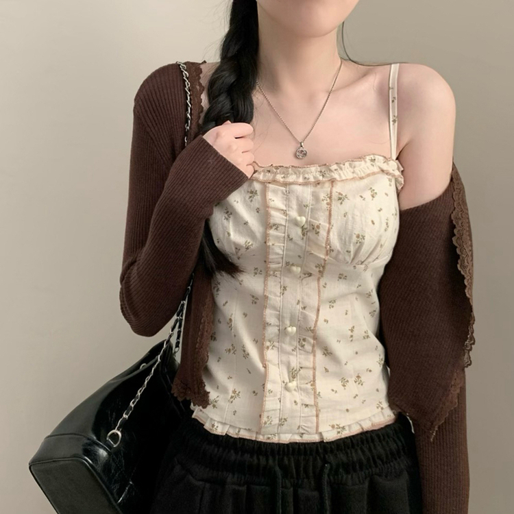 【SET】小花柄ハートボタンフリルキャミソール レースカーディガン BROWN
