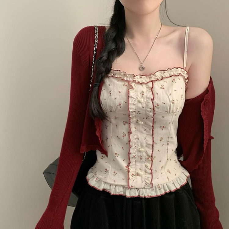 【SET】小花柄ハートボタンフリルキャミソール レースカーディガン RED