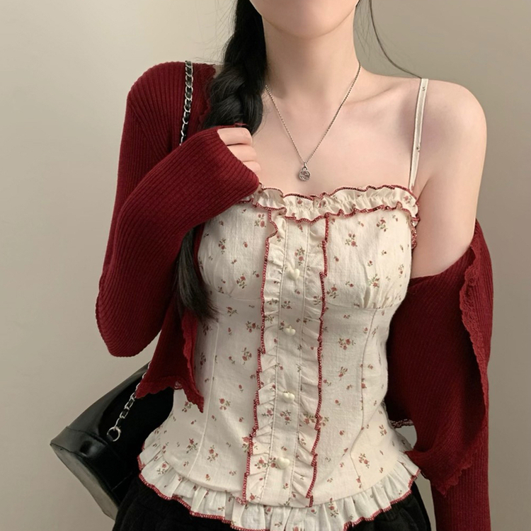 【SET】小花柄ハートボタンフリルキャミソール レースカーディガン RED