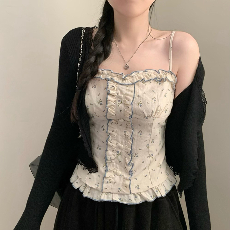 【SET】小花柄ハートボタンフリルキャミソール レースカーディガン BLACK