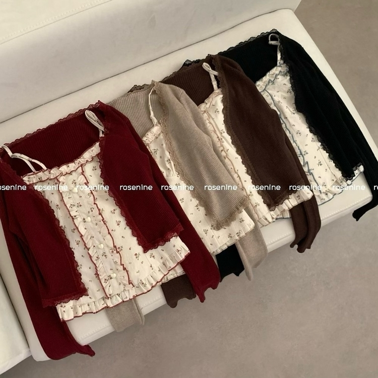 【SET】小花柄ハートボタンフリルキャミソール レースカーディガン