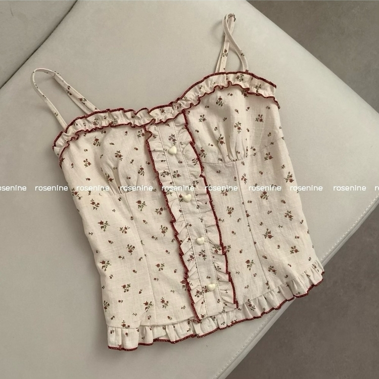 【SET】小花柄ハートボタンフリルキャミソール レースカーディガン