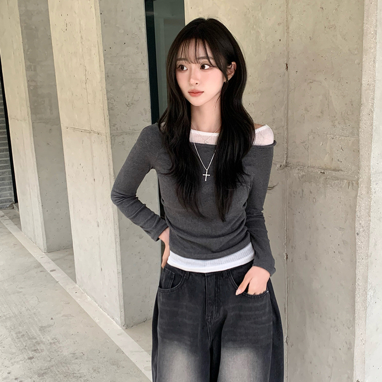 레전드핏 보장 허리 셔링 보트넥 봄 긴팔 티셔츠 잔골지 배색 라운드 슬림핏 데일리 무지 긴팔티 상의 5color 먹색