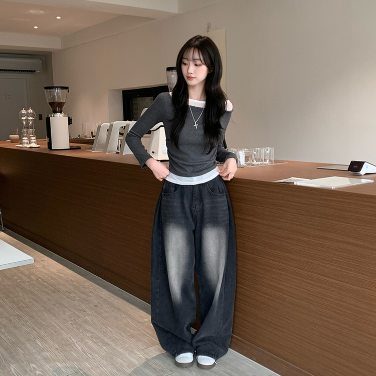 레전드핏 보장 허리 셔링 보트넥 봄 긴팔 티셔츠 잔골지 배색 라운드 슬림핏 데일리 무지 긴팔티 상의 5color 먹색