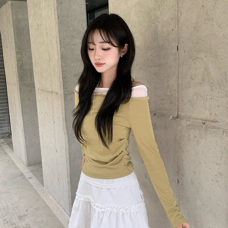 레전드핏 보장 허리 셔링 보트넥 봄 긴팔 티셔츠 잔골지 배색 라운드 슬림핏 데일리 무지 긴팔티 상의 5color 올리브