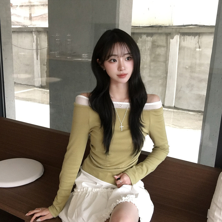 레전드핏 보장 허리 셔링 보트넥 봄 긴팔 티셔츠 잔골지 배색 라운드 슬림핏 데일리 무지 긴팔티 상의 5color 올리브