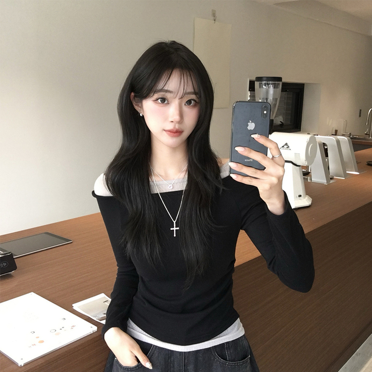 레전드핏 보장 허리 셔링 보트넥 봄 긴팔 티셔츠 잔골지 배색 라운드 슬림핏 데일리 무지 긴팔티 상의 5color 블랙