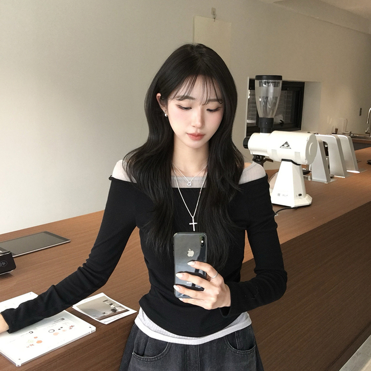 레전드핏 보장 허리 셔링 보트넥 봄 긴팔 티셔츠 잔골지 배색 라운드 슬림핏 데일리 무지 긴팔티 상의 5color 블랙