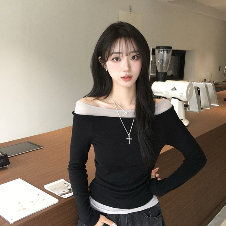 레전드핏 보장 허리 셔링 보트넥 봄 긴팔 티셔츠 잔골지 배색 라운드 슬림핏 데일리 무지 긴팔티 상의 5color 블랙