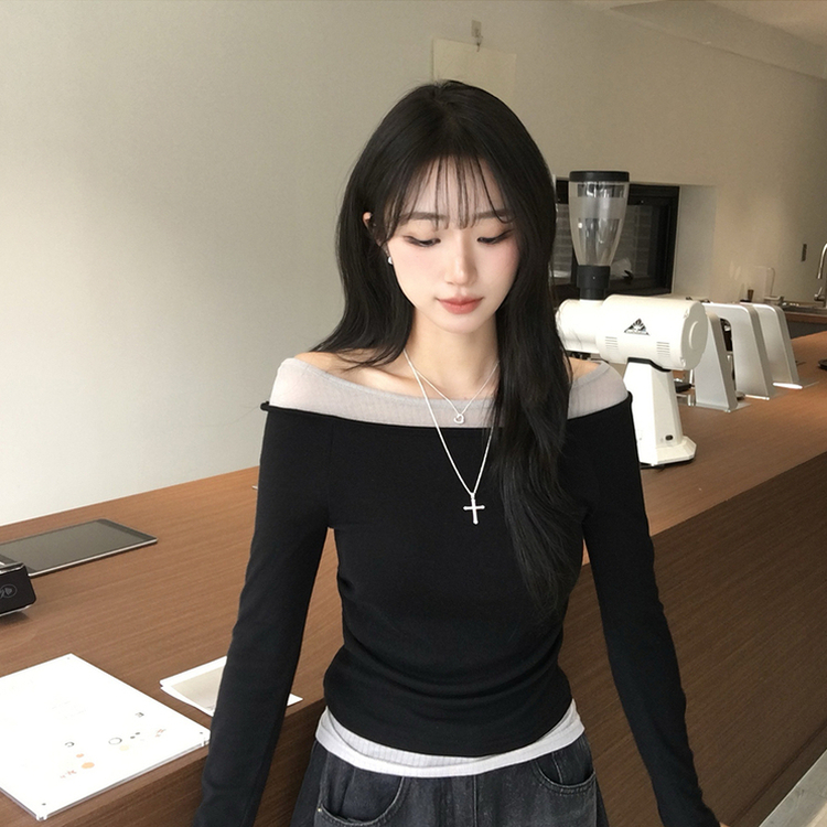 레전드핏 보장 허리 셔링 보트넥 봄 긴팔 티셔츠 잔골지 배색 라운드 슬림핏 데일리 무지 긴팔티 상의 5color 블랙