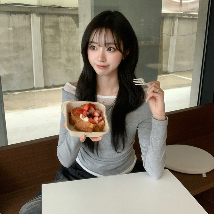 레전드핏 보장 허리 셔링 보트넥 봄 긴팔 티셔츠 잔골지 배색 라운드 슬림핏 데일리 무지 긴팔티 상의 5color 그레이