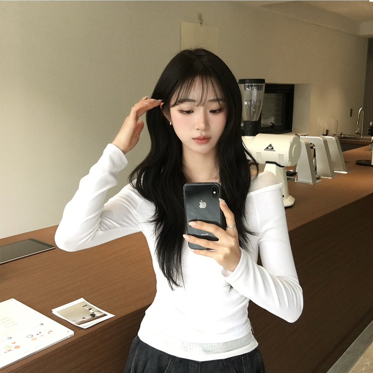 레전드핏 보장 허리 셔링 보트넥 봄 긴팔 티셔츠 잔골지 배색 라운드 슬림핏 데일리 무지 긴팔티 상의 5color 화이트