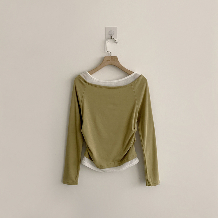 레전드핏 보장 허리 셔링 보트넥 봄 긴팔 티셔츠 잔골지 배색 라운드 슬림핏 데일리 무지 긴팔티 상의 5color