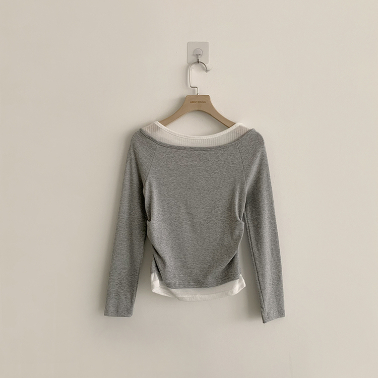 레전드핏 보장 허리 셔링 보트넥 봄 긴팔 티셔츠 잔골지 배색 라운드 슬림핏 데일리 무지 긴팔티 상의 5color