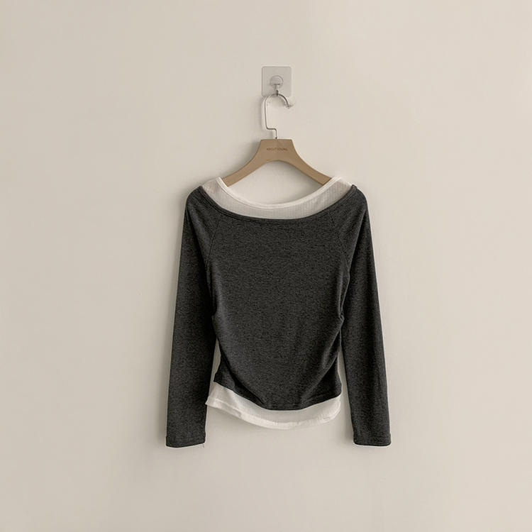 레전드핏 보장 허리 셔링 보트넥 봄 긴팔 티셔츠 잔골지 배색 라운드 슬림핏 데일리 무지 긴팔티 상의 5color