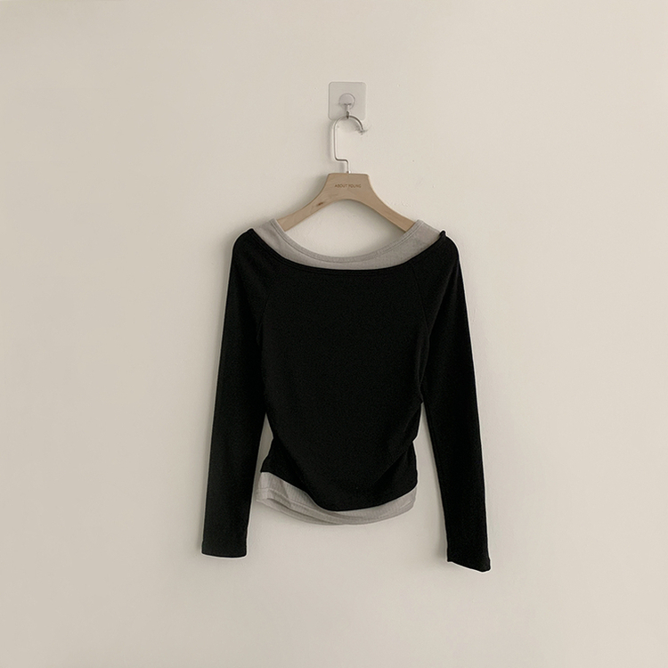 레전드핏 보장 허리 셔링 보트넥 봄 긴팔 티셔츠 잔골지 배색 라운드 슬림핏 데일리 무지 긴팔티 상의 5color