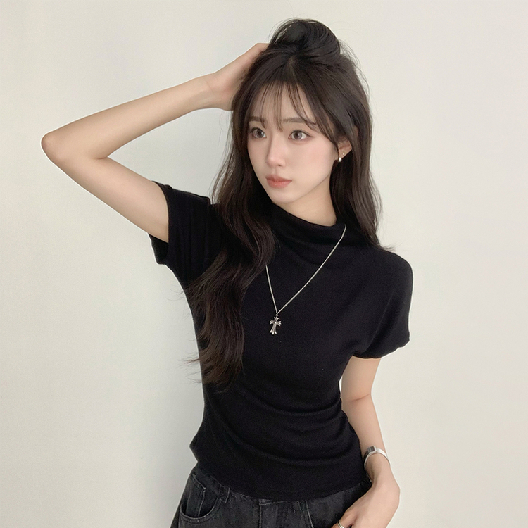 마른핏 보장 유리 반목 울 반팔 니트 티셔츠 팔뚝소멸 여리핏 반폴라 기본 반팔티 슬림핏 봄 상의 6color 블랙