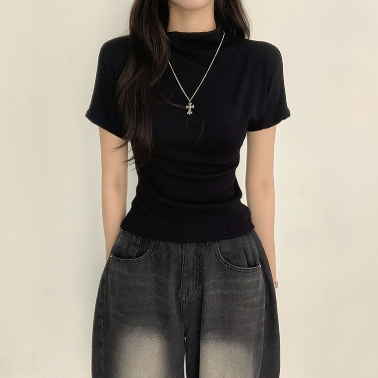 마른핏 보장 유리 반목 울 반팔 니트 티셔츠 팔뚝소멸 여리핏 반폴라 기본 반팔티 슬림핏 봄 상의 6color 블랙