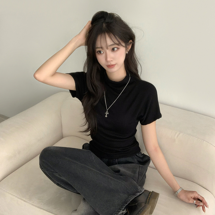 마른핏 보장 유리 반목 울 반팔 니트 티셔츠 팔뚝소멸 여리핏 반폴라 기본 반팔티 슬림핏 봄 상의 6color 블랙