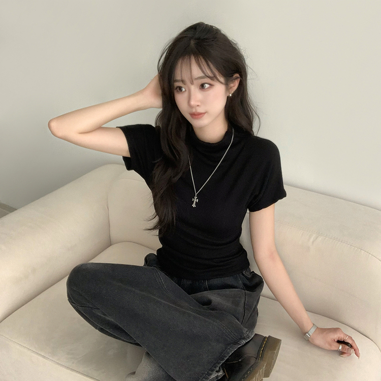 마른핏 보장 유리 반목 울 반팔 니트 티셔츠 팔뚝소멸 여리핏 반폴라 기본 반팔티 슬림핏 봄 상의 6color 블랙