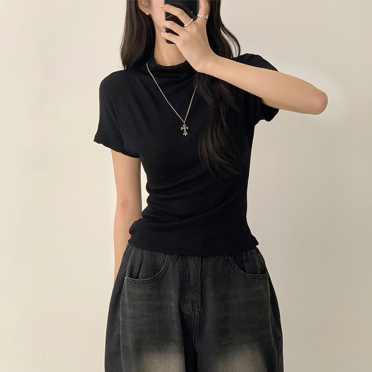 마른핏 보장 유리 반목 울 반팔 니트 티셔츠 팔뚝소멸 여리핏 반폴라 기본 반팔티 슬림핏 봄 상의 6color 블랙