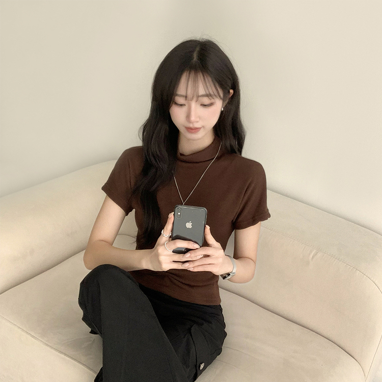 마른핏 보장 유리 반목 울 반팔 니트 티셔츠 팔뚝소멸 여리핏 반폴라 기본 반팔티 슬림핏 봄 상의 6color 브라운