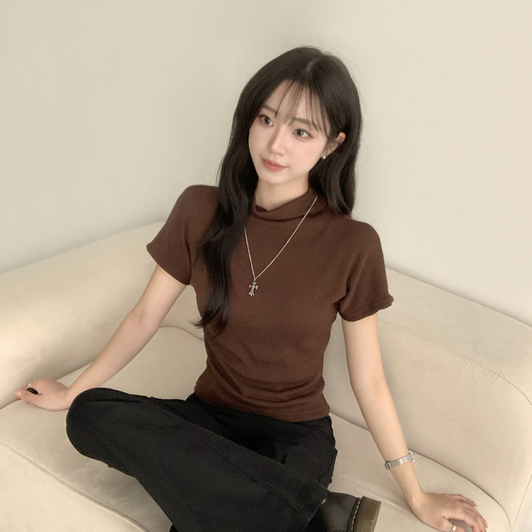 마른핏 보장 유리 반목 울 반팔 니트 티셔츠 팔뚝소멸 여리핏 반폴라 기본 반팔티 슬림핏 봄 상의 6color 브라운