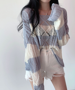 ボーダールーズ長袖夏ニット SKY BLUE