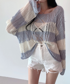 ボーダールーズ長袖夏ニット SKY BLUE