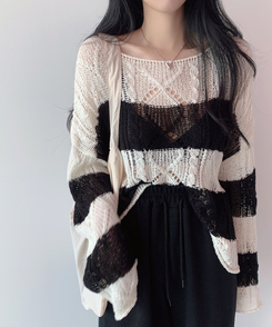 ボーダールーズ長袖夏ニット IVORY