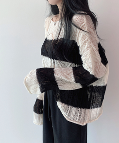 ボーダールーズ長袖夏ニット IVORY