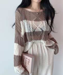 ボーダールーズ長袖夏ニット BROWN