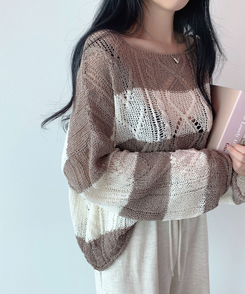 ボーダールーズ長袖夏ニット BROWN