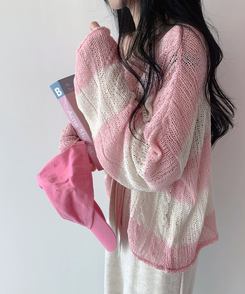 ボーダールーズ長袖夏ニット PINK