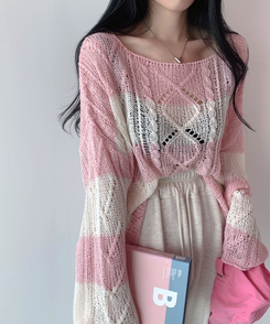 ボーダールーズ長袖夏ニット PINK