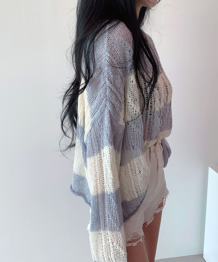 ボーダールーズ長袖夏ニット SKY BLUE